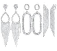 3 Pairs Gold/Silver Clip on Earrings Set for Women Stunning Rhinestone Chandelier Teardrop Long Tassels Crystal Drop Dangling Clip-on Earrings Hypoallergenic for Wedding Bride Prom Party, Zinc