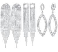 3 Pairs Gold/Silver Clip on Earrings Set for Women Stunning Rhinestone Chandelier Teardrop Long Tassels Crystal Drop Dangling Clip-on Earrings Hypoallergenic for Wedding Bride Prom Party, Zinc