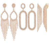3 Pairs Gold/Silver Clip on Earrings Set for Women Stunning Rhinestone Chandelier Teardrop Long Tassels Crystal Drop Dangling Clip-on Earrings Hypoallergenic for Wedding Bride Prom Party, Zinc