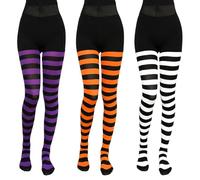 3 Pairs Halloween Striped Tights for Women - High Waisted Full Length Black and White Striped Tights, Purple & Orange - Versatile Fancy Dress Costume Accessories for Witch Cosplay