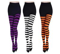 3 Pairs Halloween Striped Tights Stocking for Women, Damen Opaque Hold-Ups, Full Footed Orange Purple White High Stockings for Party Costume Dress Up School Dance Everyday Wear