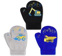 3 Pairs Kids Knitted Mittens Toddler Winter Gloves Boys Stretch Mittens Magic Full Finger Warm Mittens (3 Pairs-Truck)