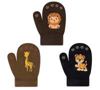 3 Pairs Kids Knitted Mittens Toddler Winter Mittens Boys Girls Magic Stretch Mittens Full Finger Warm Mittens for Cold Weather Outdoor Sports School Commuting (Jungle Animal)