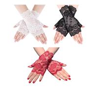 3 Pairs Ladies Lace Satin Fingerless Half Finger Party Dance Gloves - Red, White, Black