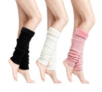 3 Pairs Leg Warmers - Cable-Knit Warm Leg Warmers with Fleece Lining | Winter Thermal Long Boot Socks for Women & Girls, White, Pink & Black, for Yoga, Dancing & Daily Wear & Cold Weather