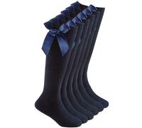 (3 Pairs - Navy, 9-12) 3 Pack Back To School Girls Knee Socks With Bows Uniform High Kids Plain Cotton Size 6-8.5 9-12 12.5-3.5 4-5.5
