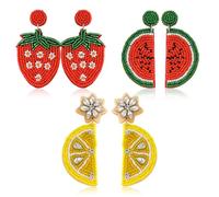 3 Pairs of Beaded Fruit Earrings Set for Women, Handmade Beads Summer Fruits Dangle Earrings, Lemon Watermelon Strawberry Statement Earrings for Jewelry Gifts, L, beads, No Gemstone