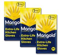 3 Pairs of Extra-Life Kitchen Cleaning Gloves | Roll-Top Cuffs Natural Rubber Latex Textured Grip Gloves with Cotton Lining for Dishwashing, Deep Cleaning & Household Cleaning | (Medium) - Yellow