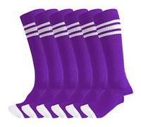 3 Pairs of juDanzy Knee High Boys or Girls Stripe Tube Socks for Soccer, Basketball, Uniform and Everyday Wear, Purple With White Stripes, 4-6 Years)