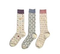 3 Pairs of Women's Calf Socks, Cute Bow Polka Dot Heart Pattern Breathable Cotton Socks, Multi, One size