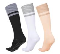 3 Pairs Pilates Socks with Grips, 2 in 1 Knee High Compression Socks 15-20 Women, Cotton Non Slip Grippy Sock, Ladies Long-Calf Breathable Cotton Sock for Nurse, Pregnancy, Yoga, Hiking, Workout