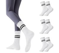 3 Pairs Pilates Socks with Grips Non Slip Ruffle Yoga Socks for Women Grip Socks for Barre Ballet Dance Barefoot Workout Gym (UK, Alpha, One Size, Regular, Regular, 3 Pairs - White)
