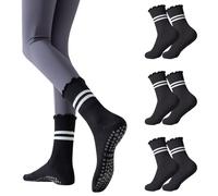 3 Pairs Pilates Socks with Grips Non Slip Ruffle Yoga Socks for Women Grip Socks for Barre Ballet Dance Barefoot Workout Gym (UK, Alpha, One Size, Regular, Regular, 3 Pairs - Black)