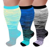 3 Pairs Plus Size Compression Socks for Women and Men Wide Calf 20-30mmhg Extra Large Knee High Support for Circulation, 02-3 Pairs Gray/Blue/Blue, 3XL
