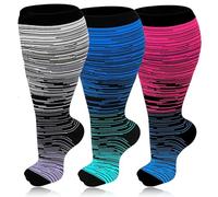 3 Pairs Plus Size Compression Socks for Women & Men, 20-30 mmHg Wide Calf Extra Large Knee High Flight Socks Compression Stockings for Circulation Support