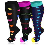 3 Pairs Plus Size Compression Socks for Women & Men, 20-30 mmHg Wide Calf Extra Large Knee High Flight Socks Compression Stockings for Circulation Support