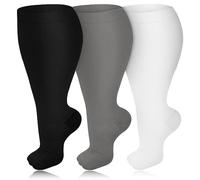 3 Pairs Plus Size Compression Socks for Women & Men, 20-30 mmHg Wide Calf Extra Large Knee High Flight Socks Compression Stockings for Circulation Support