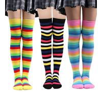 3 Pairs Rainbow Thigh High Socks for Women, Striped Over Knee High Socks Halloween and Christmas Cosplay Thigh High Stockings (UK, Alpha, One Size, Regular, Regular, Yellow+Black+Pink)