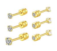 3 Pairs Screw Back Stud Earrings,Hypoallergenic Stainless Steel Cubic Zirconia Double Sided Ear Ringing for Women Men Cartilage Tragus Earring 2-4mm (Gold-2/3/4mm)