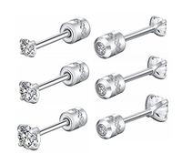 3 Pairs Screw Back Stud Earrings,Hypoallergenic Stainless Steel Cubic Zirconia Double Sided Ear Ringing for Women Men Cartilage Tragus Earring 2-4mm (Silver-2/3/4mm)
