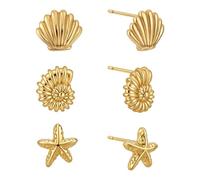 3 Pairs Seashell Stud Earrings Set for Women, Mini Gold Starfish Sea Shell and Conch Earrings Gift Dainty Ocean Beach Themed Statement Jewelry for Summer Vacation Daily Wear