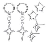 3 Pairs silver earrings Star Shape Jewelry y2k Grunge Goth Punk Rock Emo Earring Spike Star Earrings Dangle Moonstone Heart Teardrop Jewelry y2k accessories for Halloween & Christmas