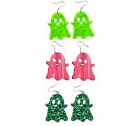 3 Pairs Simple Cute Acrylic Halloween Ghost Earrings Green Red Dangle Drop Earring for Women FriendsJewelry Gift, Acrylic, No Gemstone