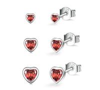 3 Pairs Sterling Silver Stud Earrings for Women Girls, Small Simulated Diamond Earrings Red Cubic Zirconia Heart Stud Earrings Hypoallergenic Sleeper Earrings Set for Multiple Pirercings, 2/3/4 mm