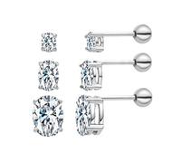 3 Pairs Surgical Stainless Steel Screw Back Stud Earrings, Heart Square Princess Cut Horse Eye Teardrop Triangle Cubic Zirconia Stud Earrings Set (Oval)