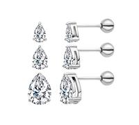 3 Pairs Surgical Stainless Steel Screw Back Stud Earrings, Heart Square Princess Cut Horse Eye Teardrop Triangle Cubic Zirconia Stud Earrings Set (Teardrop)