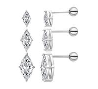 3 Pairs Surgical Stainless Steel Screw Back Stud Earrings, Heart Square Princess Cut Horse Eye Teardrop Triangle Cubic Zirconia Stud Earrings Set (Horse eye)