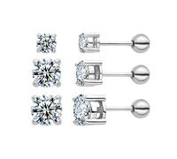 3 Pairs Surgical Stainless Steel Screw Back Stud Earrings, Heart Square Princess Cut Horse Eye Teardrop Triangle Cubic Zirconia Stud Earrings Set (Round)
