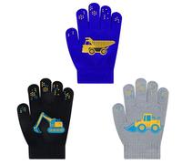 3 Pairs Toddler Winter Gloves - Stretchy Knit Gloves For Kids Boys Girls Knitted Mittens Magic Full Fingers Warm Mittens for Cold Weather Outdoor Sports School Commuting(construction vehicles)