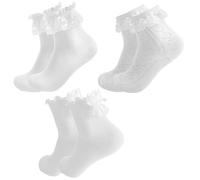 3 Pairs White Frilly Socks for Girls and Women, Lace Ankle Ruffle Socks with Bows Cotton Frilly Princess Style Dress Sock for Holy Communion Wedding Party School Dress Dance Casual Wear