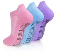 3 Pairs Womens Non Slip Grip Yoga Socks,ladies Anti-slip Pilates Ankle Sock Size 4-8, for Barre Fitness, Ballet, Dance, Home Workout (UK, Numeric, 4, 8, Regular, Regular, Pink Purple Blue)
