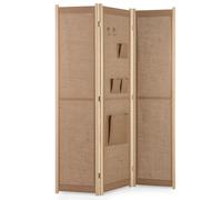 3-Panel Faux Linen Room Divider 120 CM Tall Folding Privacy Screen w/ Storage Bags Natural