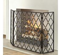 3-Panel Folding Fireplace Screen, Black Wrought Iron Fire Spark Guard | Gold Diamond Accents, Metal Mesh Barrier for Wood Burning Fireplace, Pet Safe, 49" W X 31" H Freestanding Hearth Screen