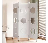 3 Panel Room Divider Screen with Cutouts, Folding Wooden Partition on Wheels for Home Office Bedroom, Portable Privacy Wall