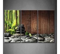 3 Panel Wall Art Green Spa Concept Bamboo Grove And Black Zen Stones Old Wooden Background Painting Pictures Print On Canvas Botanical The Picture For Home Decor Piece Wooden Frame Ready To Hang