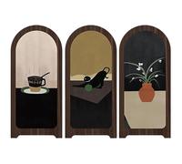 3 Panels Mini Folding Screen, Desktop Decorative Ornaments, Chinese Style Wooden Room Divider with Cat Patterned, Vintage Miniature Wall Panel, Antique Home Office Dining Table Decor, 11.8×8.7 in