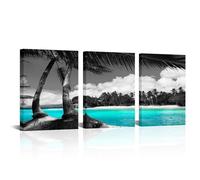 3 Panels Teal Canvas Wall Art Black and White Hawaii Beach Pictures Tropical Palm Tree Artwork Giclee Prints for Bathroom Office Wall Decoration Framed Ready to Hang Each Piece 12"x16"