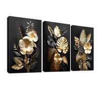 3 Panels Wooden Framed 3D Black Gold Flowers Canvas Wall Art Tropical Monstera Coconut Leaves Painting on Canvas Prints Pictures for Living Room Bedroom Home Wall Decoration 150x70cm(20"x28"x3pcs)
