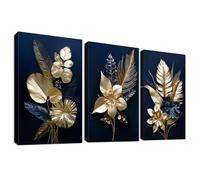 3 Panels Wooden Framed 3D Navy Blue Gold Flowers Canvas Wall Art Tropical Monstera Coconut Leaves Painting on Canvas Prints Picture for Living Room Bedroom Home Wall Decoration 90x40cm (12"x16"x3pcs)