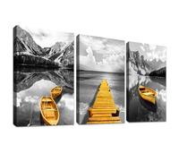 3 Panels Wooden Framed Canvas Wall Art Grey Gold Boat Painting on Canvas Prints Mountains And Lake Panorama Picture for Living Room Hallway Stairs Bedroom Bathroom Wall Decor 150x70cm(20"x28"x3pcs)