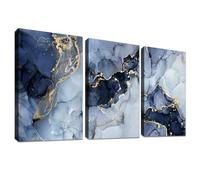3 Panels Wooden Framed Navy Blue White Gold Marble Canvas Wall Art Painting on Canvas Print Picture for Living Room Hallway Stairs Bedroom Bathroom Wall Decor Ready To Hang 120x60cm(16"x24"x3pcs)