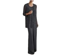 3 PC Chiffon Lace Mother Pants Suits Wedding Guest Outfit Formal Evening Dress Wedding Party Prom Dark Grey UK20