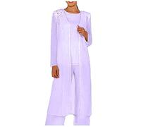 3 PC Chiffon Mother of The Bride Pants Suit Beaded Women Outfits for Wedding Long Jacket Prom Evening Outfits Lavender UK8