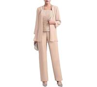 3 PC Chiffon Mother of The Bride Pants Suits Lace Bodice Wedding Guest Outfit Formal Evening Gown Champagne UK16