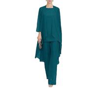 3 PC Chiffon Mother of The Bride Pants Suits with Long Jacket Wedding Guest Outfit Formal Evening Gown Teal UK22
