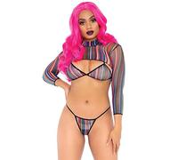 3 PC Fishnet Bikini and Crop Top Set, Black Rainbow, One Size